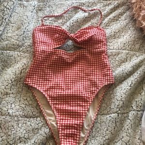 Red and white plaid one piece swim suit